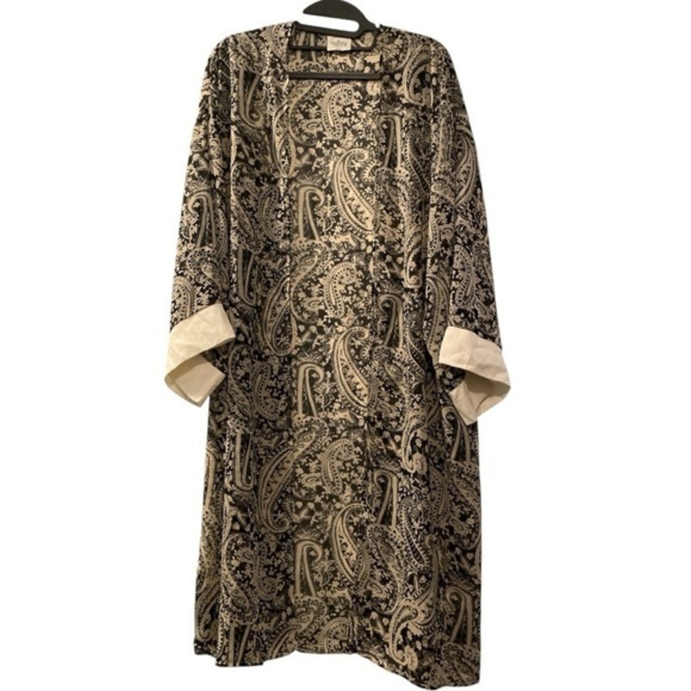 AUDREY Black and gold Paisley Print Open Front Cuff Sleeve Chiffon Long Kimono.
